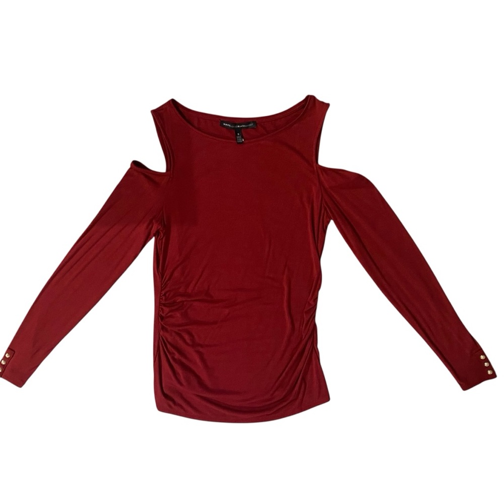 White House Black Market Red Long Sleeve Cold Shoulder Ruched Top Small - Picture 2 of 11